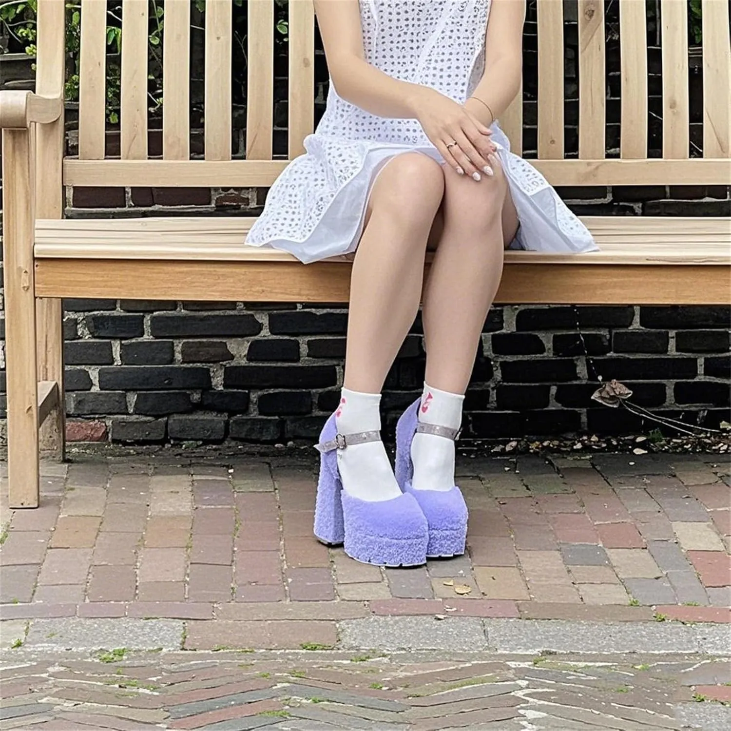 Women's Fur-Trimmed Heels - Striped Round Toe Platforms