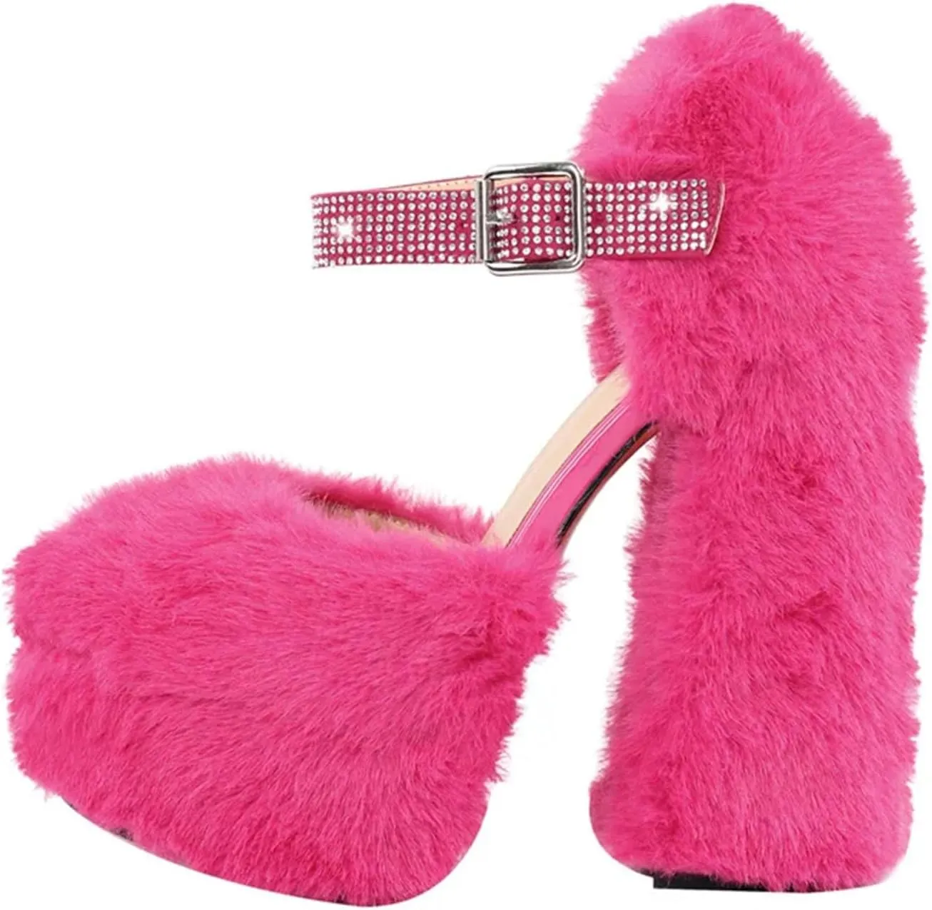 Women's Fur-Trimmed Heels - Striped Round Toe Platforms