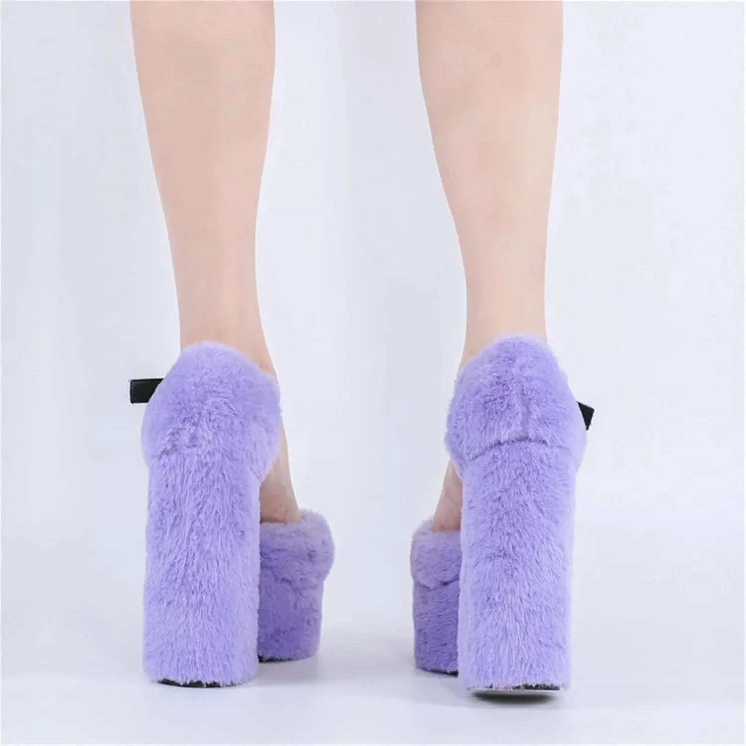 Women's Fur-Trimmed Heels - Striped Round Toe Platforms