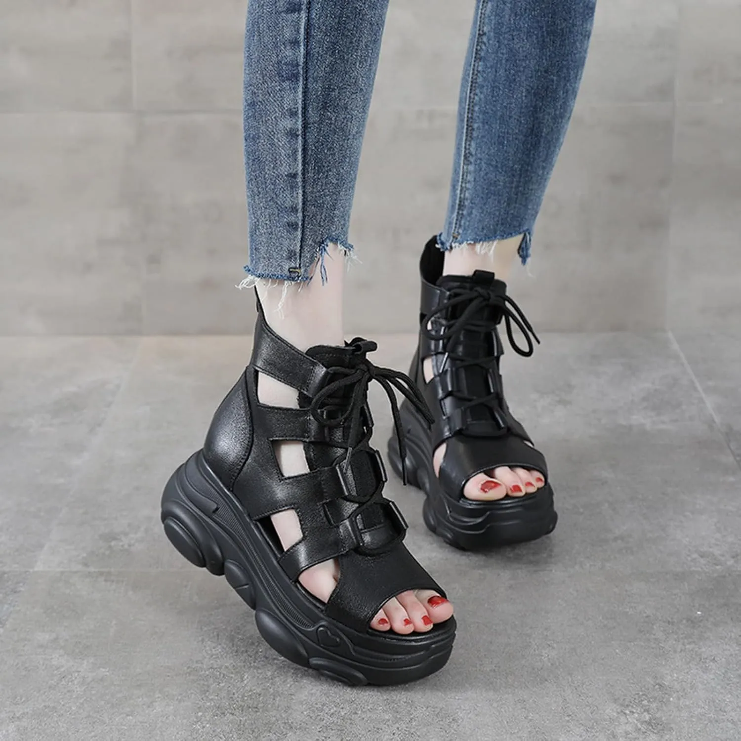 Women's Genuine Leather High Top Chunky Platform Sandals Vintage Casual Peep Toe Lace Up Back Zipper Hollow Ankle Boots Summer Lightweight Comfortable Breathable Roman Wedge Sandals