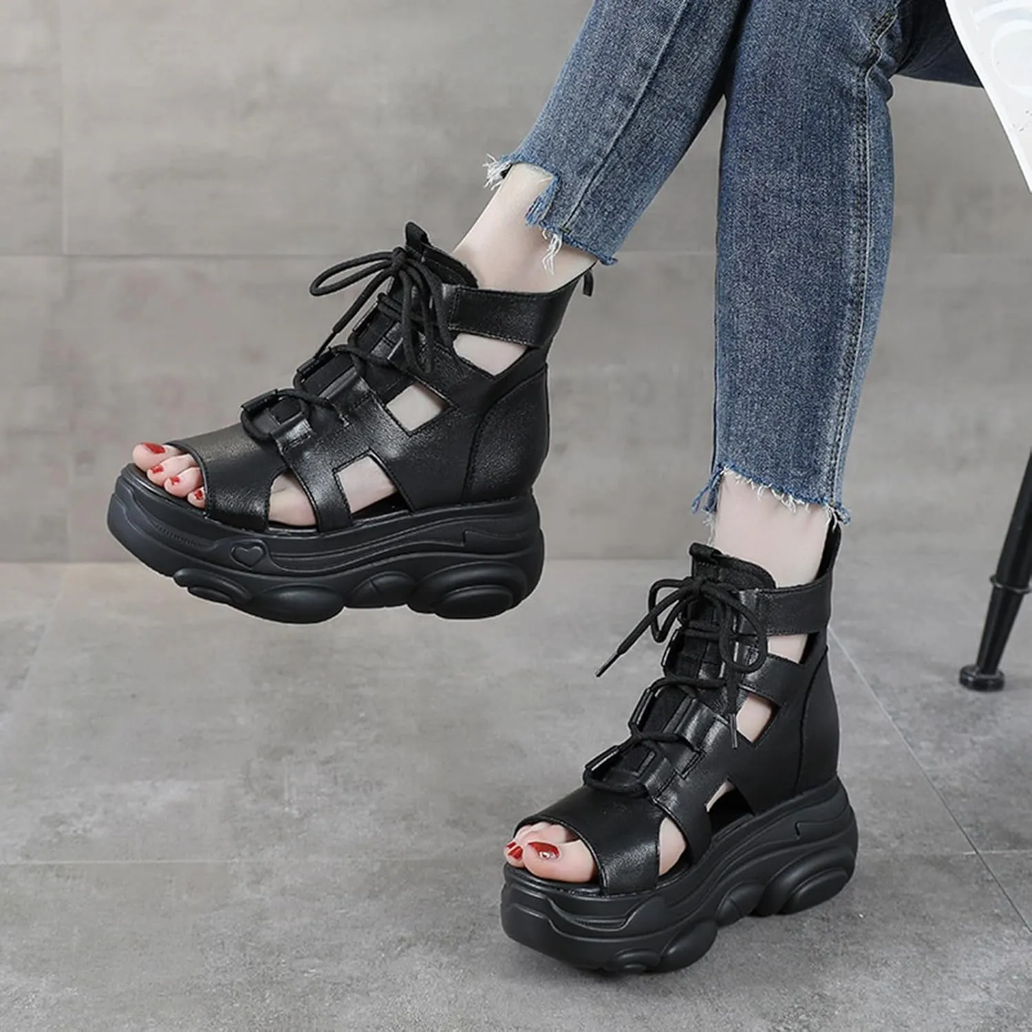 Women's Genuine Leather High Top Chunky Platform Sandals Vintage Casual Peep Toe Lace Up Back Zipper Hollow Ankle Boots Summer Lightweight Comfortable Breathable Roman Wedge Sandals