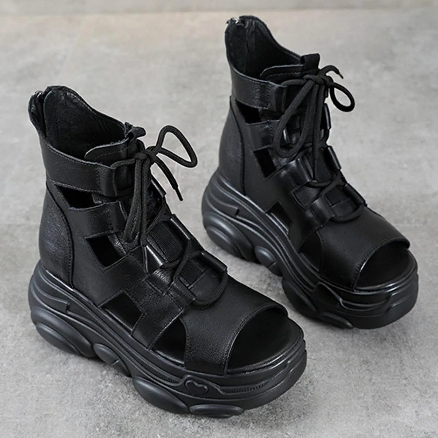 Women's Genuine Leather High Top Chunky Platform Sandals Vintage Casual Peep Toe Lace Up Back Zipper Hollow Ankle Boots Summer Lightweight Comfortable Breathable Roman Wedge Sandals