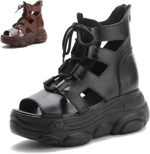 Women's Genuine Leather High Top Chunky Platform Sandals Vintage Casual Peep Toe Lace Up Back Zipper Hollow Ankle Boots Summer Lightweight Comfortable Breathable Roman Wedge Sandals