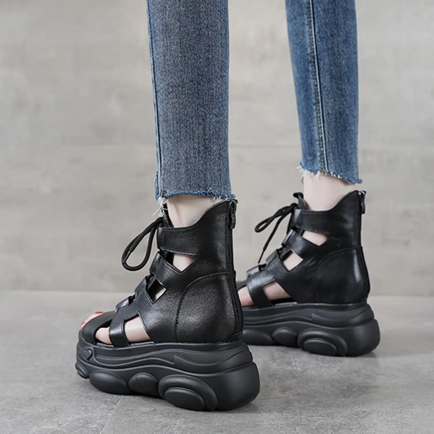 Women's Genuine Leather High Top Chunky Platform Sandals Vintage Casual Peep Toe Lace Up Back Zipper Hollow Ankle Boots Summer Lightweight Comfortable Breathable Roman Wedge Sandals
