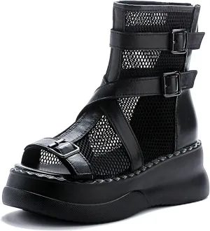 Women's Genuine Leather High Top Platform Sandals with Buckle Strap Summer Peep Toe Back Zipper Hollow Mesh Casual Ankle Boots Lightweight Comfortable Roman Sandals
