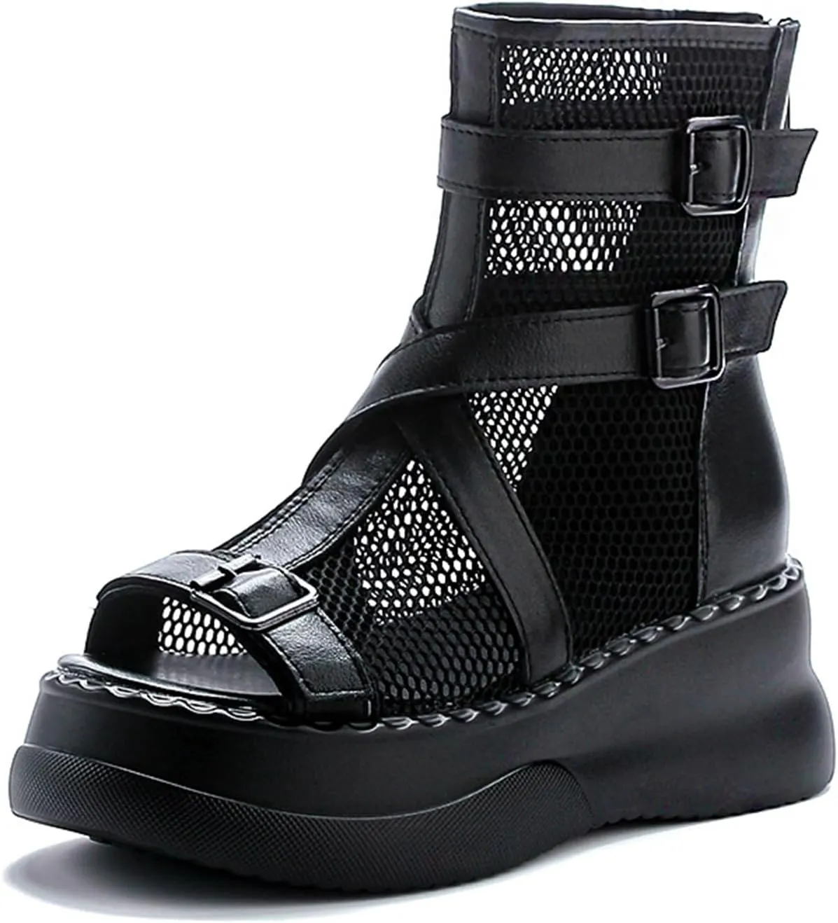 Women's Genuine Leather High Top Platform Sandals with Buckle Strap Summer Peep Toe Back Zipper Hollow Mesh Casual Ankle Boots Lightweight Comfortable Roman Sandals