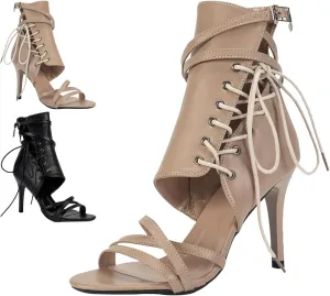 Women'S Genuine Leather High Top Stiletto Open Toe Lace-Up Sandals,Summer Fashion Round Toe Side Zipper Strap High Heel Sandals