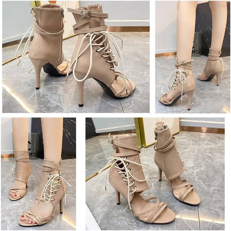 Women'S Genuine Leather High Top Stiletto Open Toe Lace-Up Sandals,Summer Fashion Round Toe Side Zipper Strap High Heel Sandals