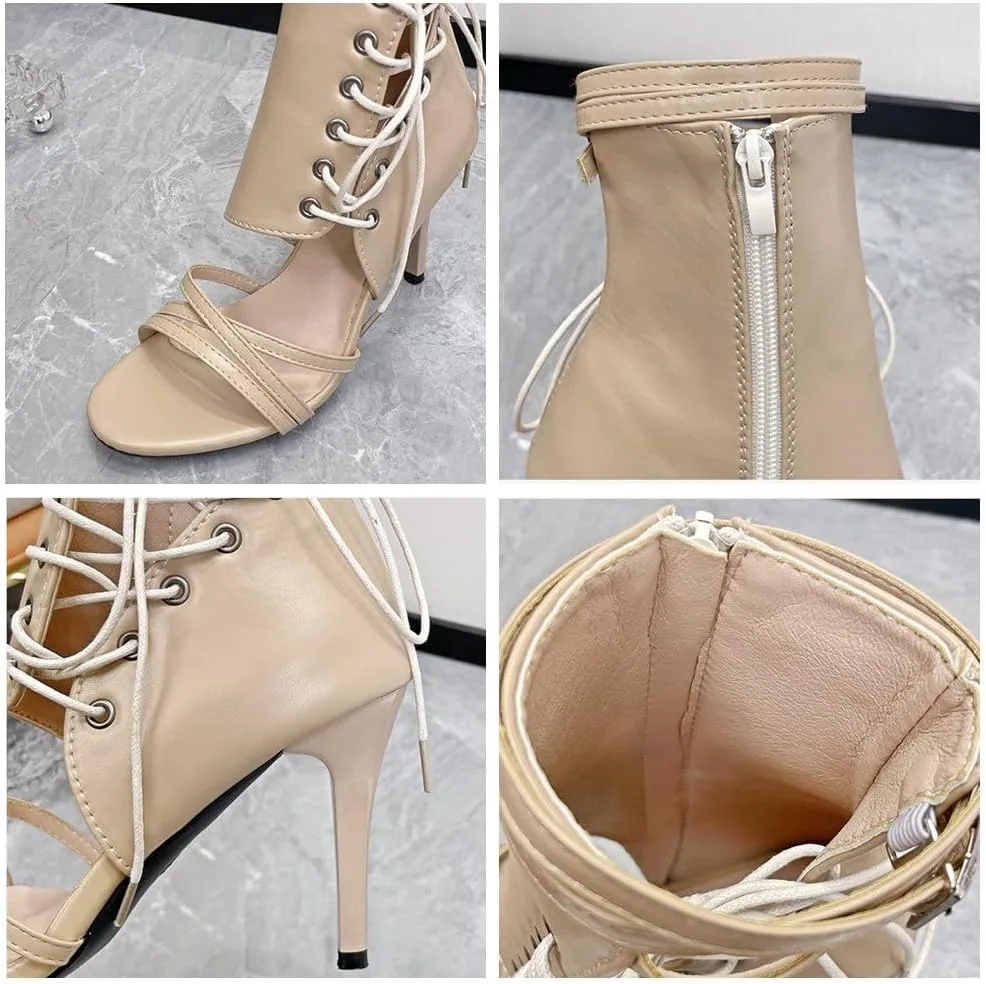 Women'S Genuine Leather High Top Stiletto Open Toe Lace-Up Sandals,Summer Fashion Round Toe Side Zipper Strap High Heel Sandals
