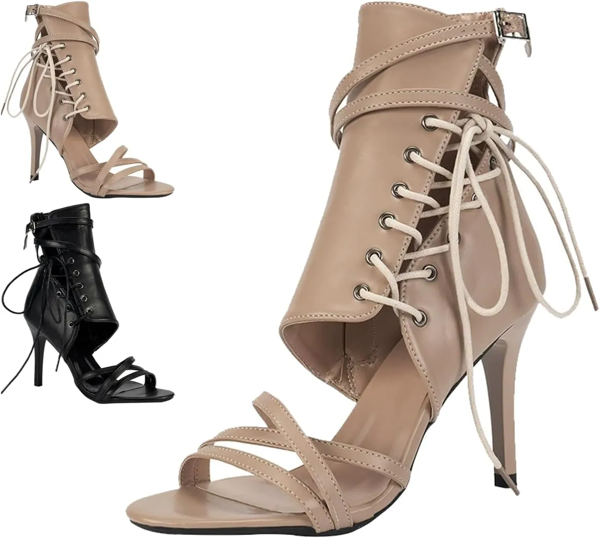 Women'S Genuine Leather High Top Stiletto Open Toe Lace-Up Sandals,Summer Fashion Round Toe Side Zipper Strap High Heel Sandals