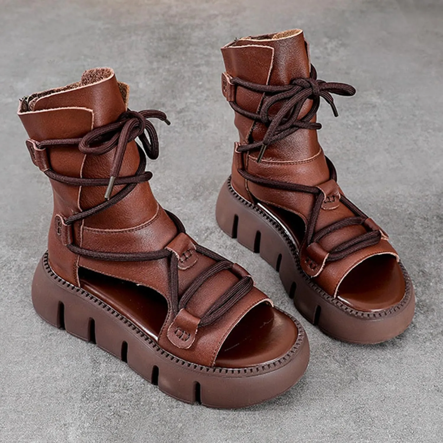 Women's Genuine Leather Peep Toe High Top Chunky Platform Sandals Vintage Round Toe Lace Up Back Zipper Soft Sole Hollow Ankle Boots Summer Comfortable Breathable Roman Wedge Sandals
