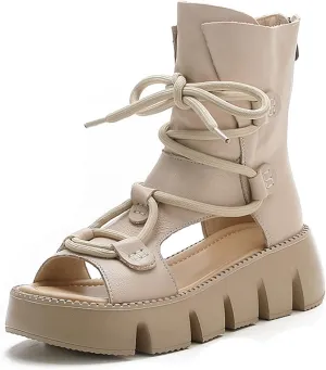 Women's Genuine Leather Peep Toe High Top Chunky Platform Sandals Vintage Round Toe Lace Up Back Zipper Soft Sole Hollow Ankle Boots Summer Comfortable Breathable Roman Wedge Sandals