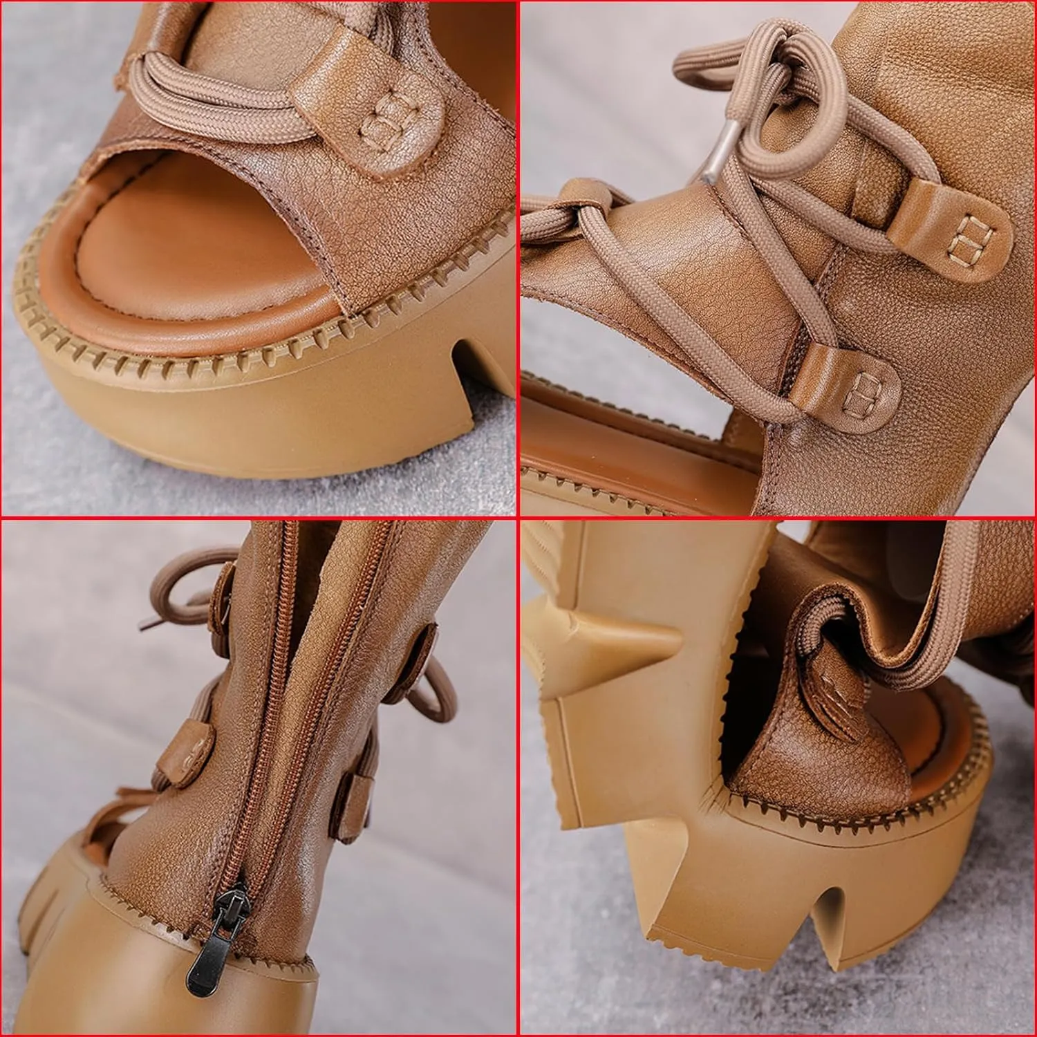 Women's Genuine Leather Peep Toe High Top Chunky Platform Sandals Vintage Round Toe Lace Up Back Zipper Soft Sole Hollow Ankle Boots Summer Comfortable Breathable Roman Wedge Sandals