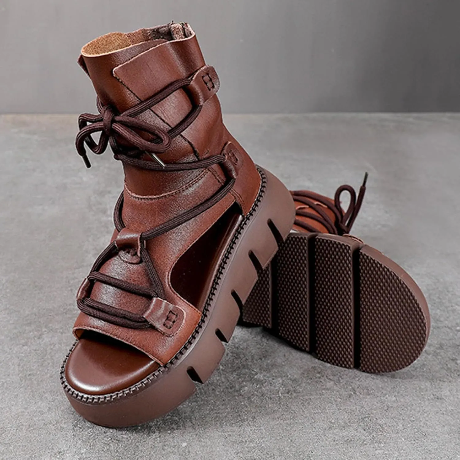 Women's Genuine Leather Peep Toe High Top Chunky Platform Sandals Vintage Round Toe Lace Up Back Zipper Soft Sole Hollow Ankle Boots Summer Comfortable Breathable Roman Wedge Sandals