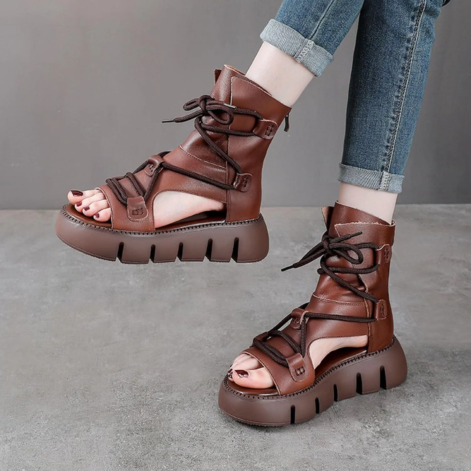 Women's Genuine Leather Peep Toe High Top Chunky Platform Sandals Vintage Round Toe Lace Up Back Zipper Soft Sole Hollow Ankle Boots Summer Comfortable Breathable Roman Wedge Sandals