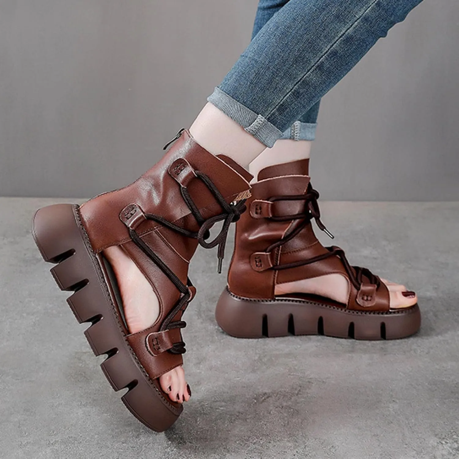 Women's Genuine Leather Peep Toe High Top Chunky Platform Sandals Vintage Round Toe Lace Up Back Zipper Soft Sole Hollow Ankle Boots Summer Comfortable Breathable Roman Wedge Sandals