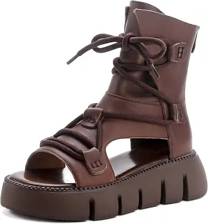 Women's Genuine Leather Peep Toe High Top Chunky Platform Sandals Vintage Round Toe Lace Up Back Zipper Soft Sole Hollow Ankle Boots Summer Comfortable Breathable Roman Wedge Sandals