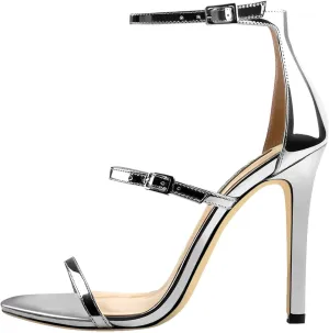 Women's Gold Silver Sandals - Open Toe Wedding Ankle Strap Heels