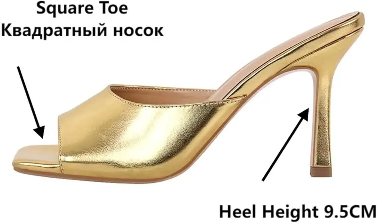 Women's Gold Square Toe Mules - Big Size Open Toe Stiletto Heels