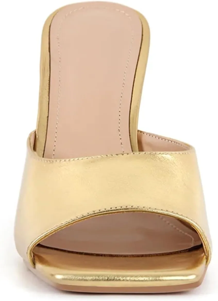 Women's Gold Square Toe Mules - Big Size Open Toe Stiletto Heels
