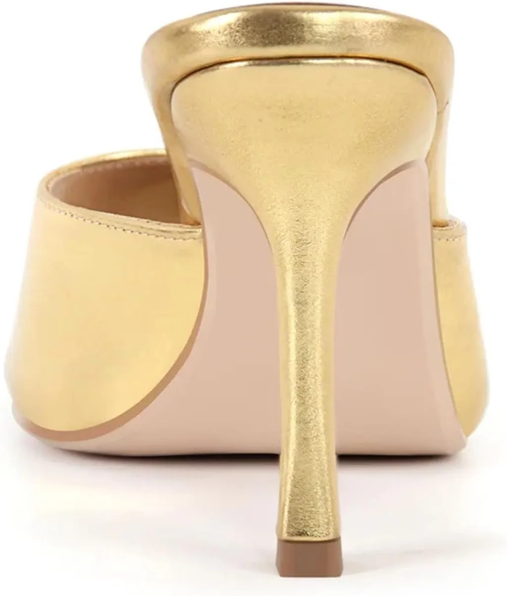 Women's Gold Square Toe Mules - Big Size Open Toe Stiletto Heels