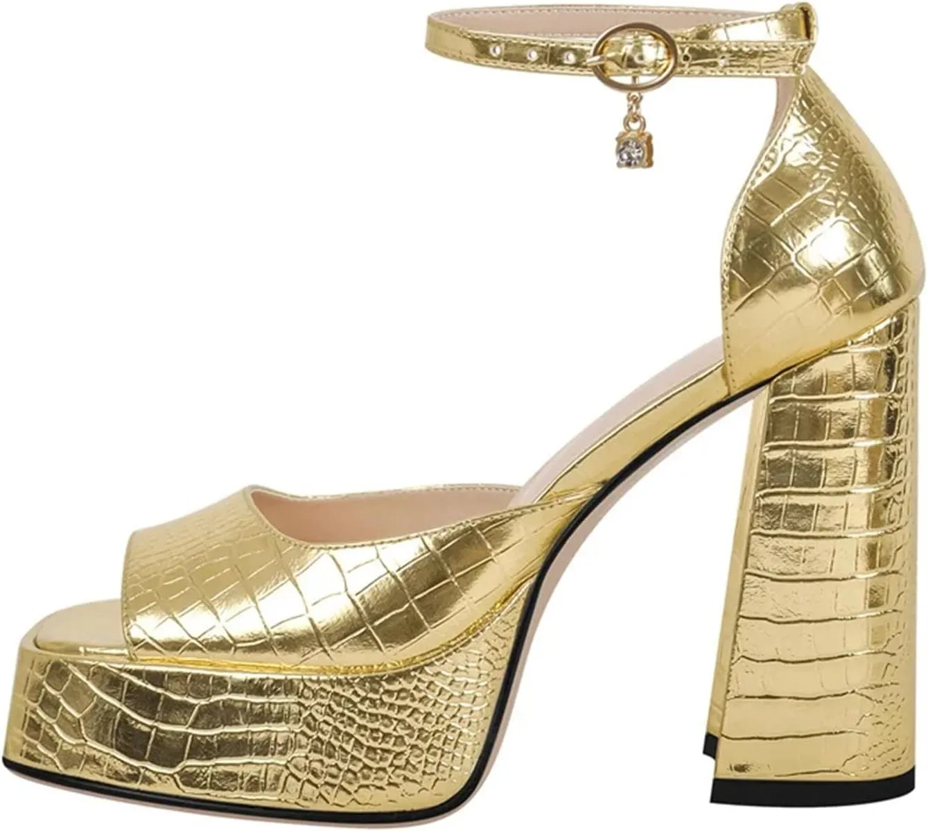 Women's Gold Stone Print Sandals - Chunky Platform Party Heels