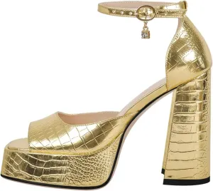 Women's Gold Stone Print Sandals - Chunky Platform Party Heels