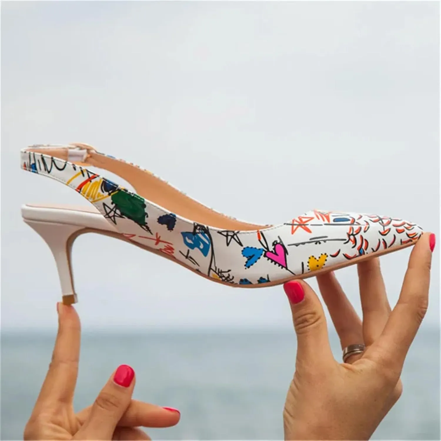 Women's Graffiti Slingbacks - 6.5cm Kitten Heel Wedding Shoes