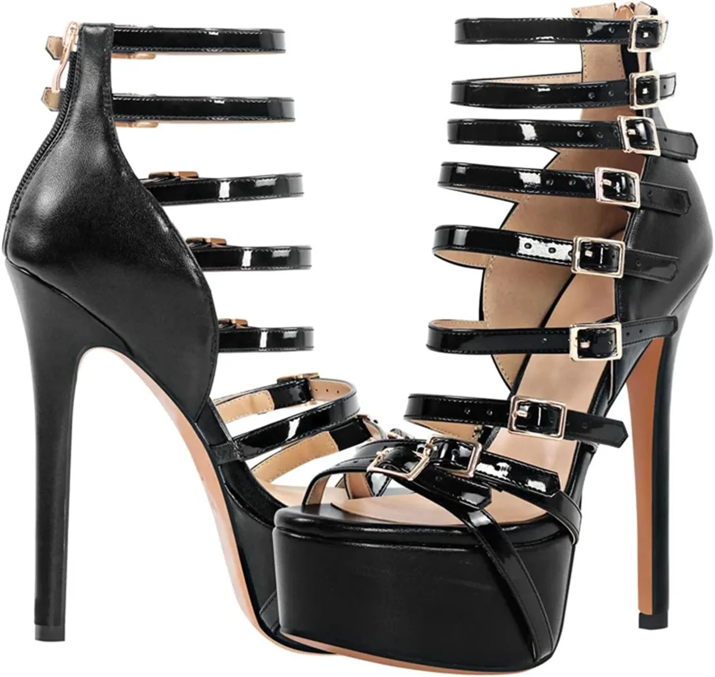 Women's Handmade Platform Sandals - Open Toe Buckle Belt Stilettos