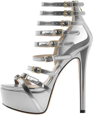 Women's Handmade Platform Sandals - Open Toe Buckle Belt Stilettos