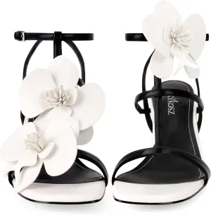 Women's Heel Sandals Flower Ankle Strap Square Open Toe Strappy Orchid Heels Dressy Sexy Wedding Shoes