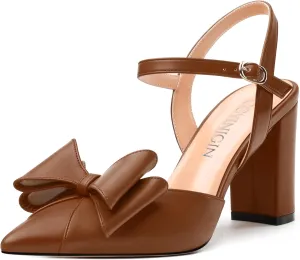 Women's Heeled Sandals, Double Bowknot Sandals Chunky High Heels Pumps, Sexy Closed Pointed Toe Ankle Strap Heels Slingback Slip on Comfortable wedding Bridal Dress Shoes