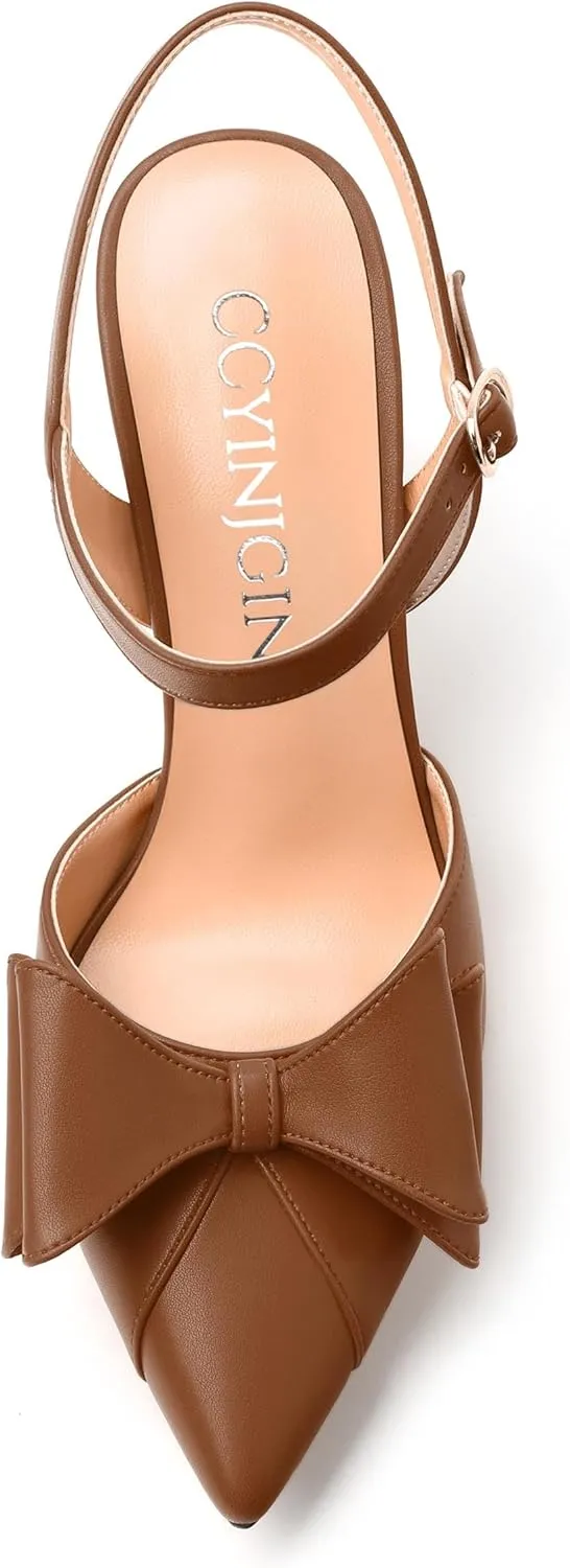Women's Heeled Sandals, Double Bowknot Sandals Chunky High Heels Pumps, Sexy Closed Pointed Toe Ankle Strap Heels Slingback Slip on Comfortable wedding Bridal Dress Shoes