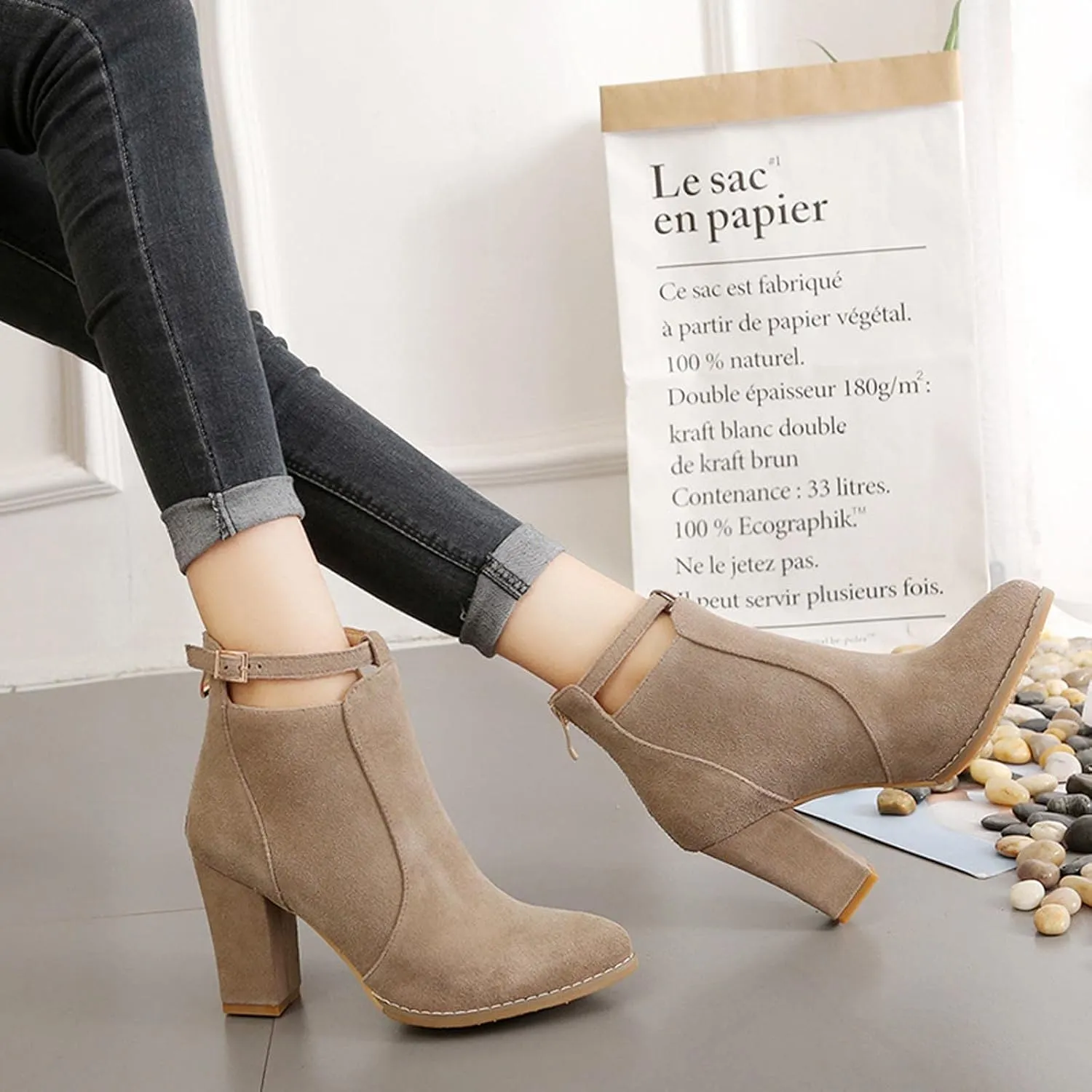 Womens High Heel Buckle Ankle Booties Slip On Pointed Toe Chunky Stacked Heel Short Boots Comfort Back Zipper Boot