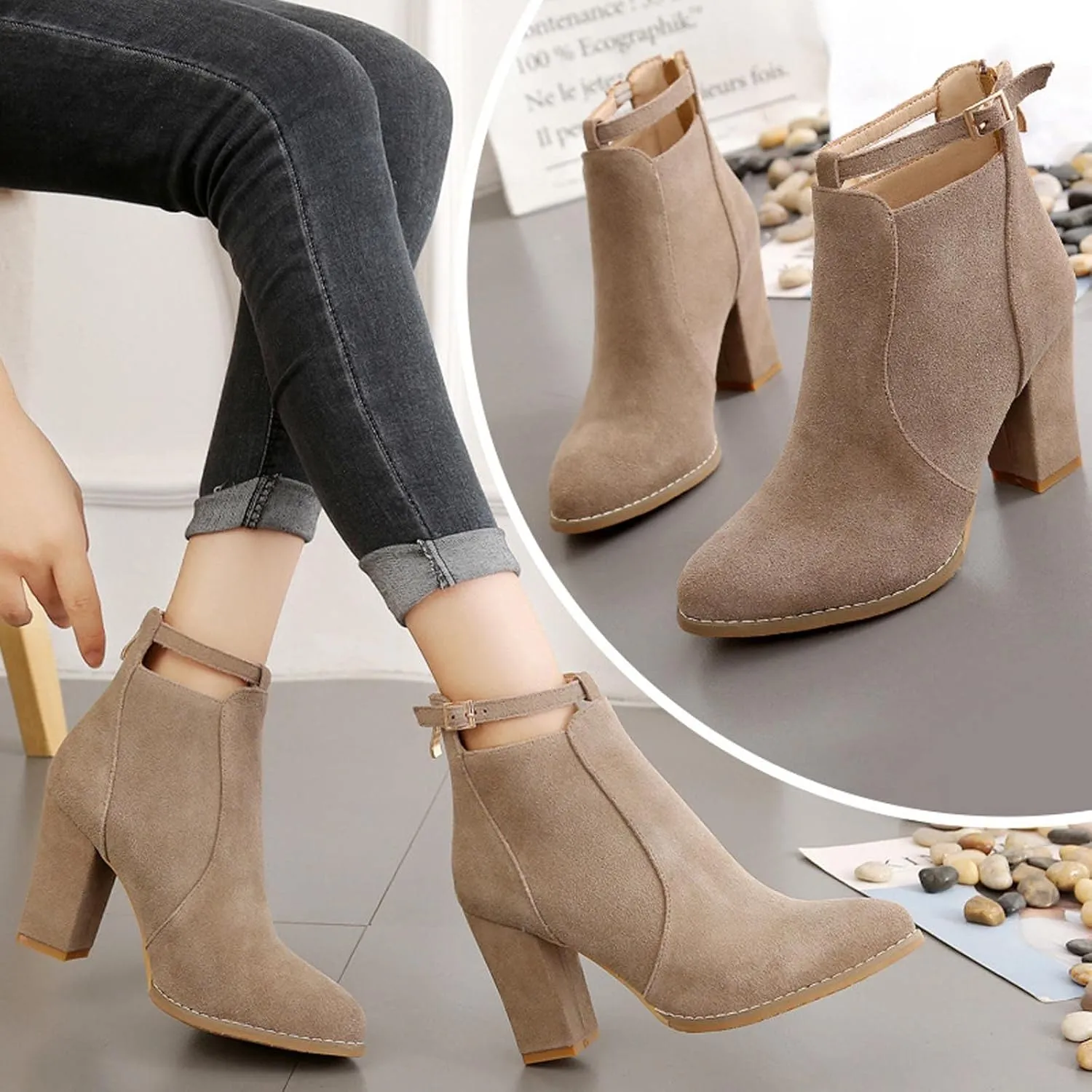 Womens High Heel Buckle Ankle Booties Slip On Pointed Toe Chunky Stacked Heel Short Boots Comfort Back Zipper Boot