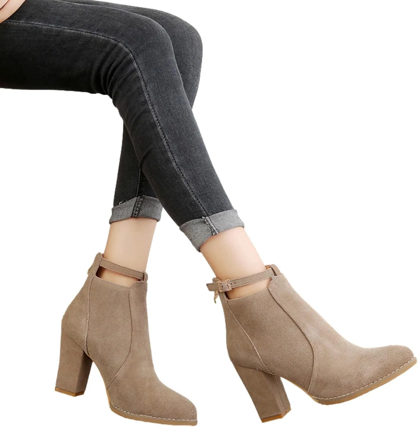 Womens High Heel Buckle Ankle Booties Slip On Pointed Toe Chunky Stacked Heel Short Boots Comfort Back Zipper Boot