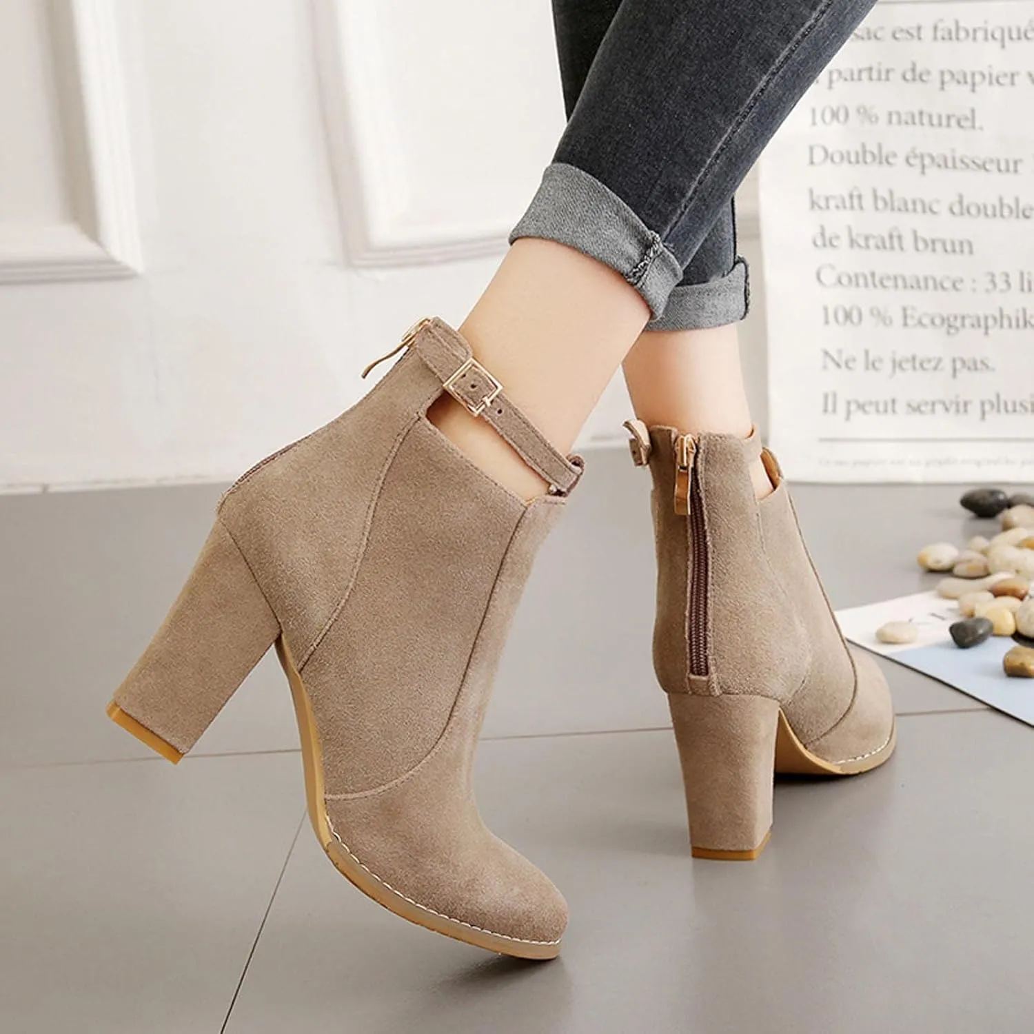 Womens High Heel Buckle Ankle Booties Slip On Pointed Toe Chunky Stacked Heel Short Boots Comfort Back Zipper Boot