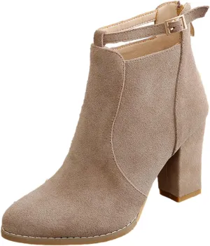 Womens High Heel Buckle Ankle Booties Slip On Pointed Toe Chunky Stacked Heel Short Boots Comfort Back Zipper Boot