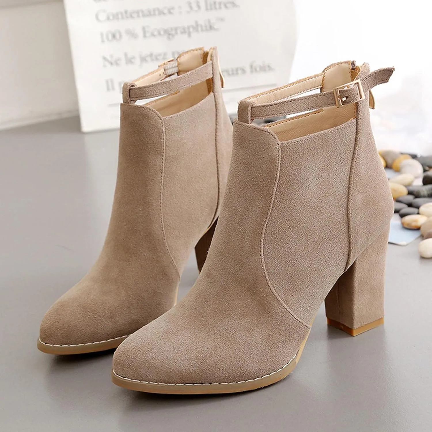 Womens High Heel Buckle Ankle Booties Slip On Pointed Toe Chunky Stacked Heel Short Boots Comfort Back Zipper Boot