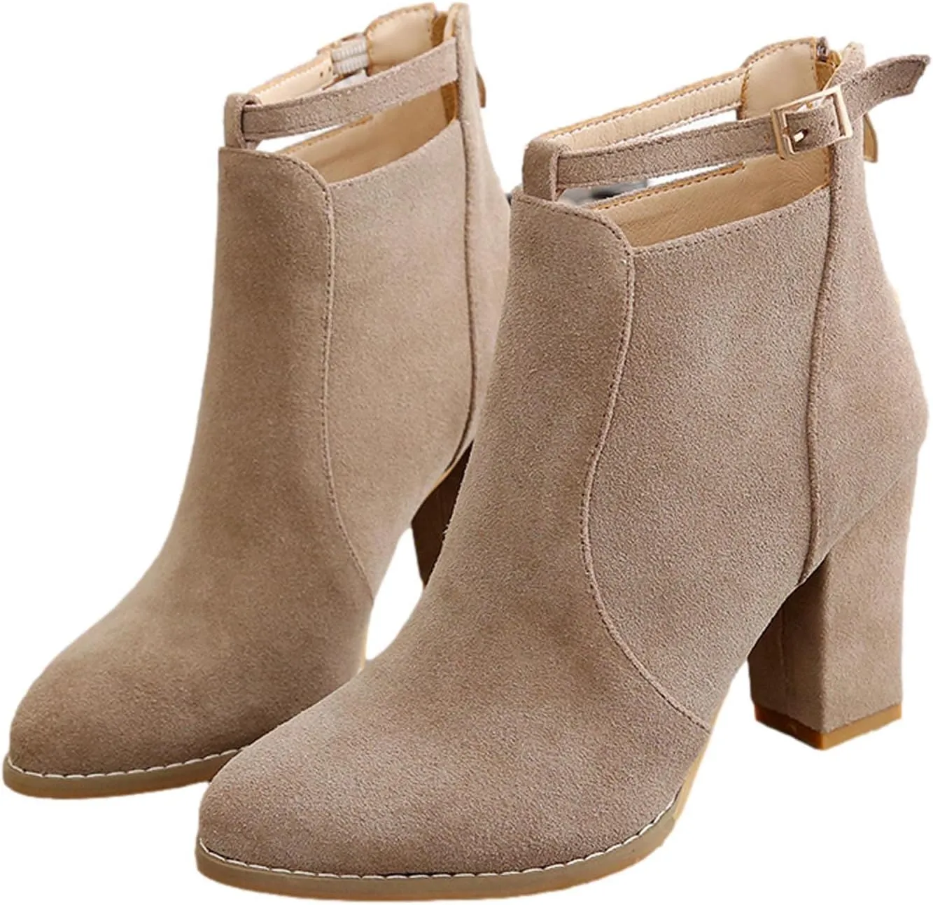 Womens High Heel Buckle Ankle Booties Slip On Pointed Toe Chunky Stacked Heel Short Boots Comfort Back Zipper Boot
