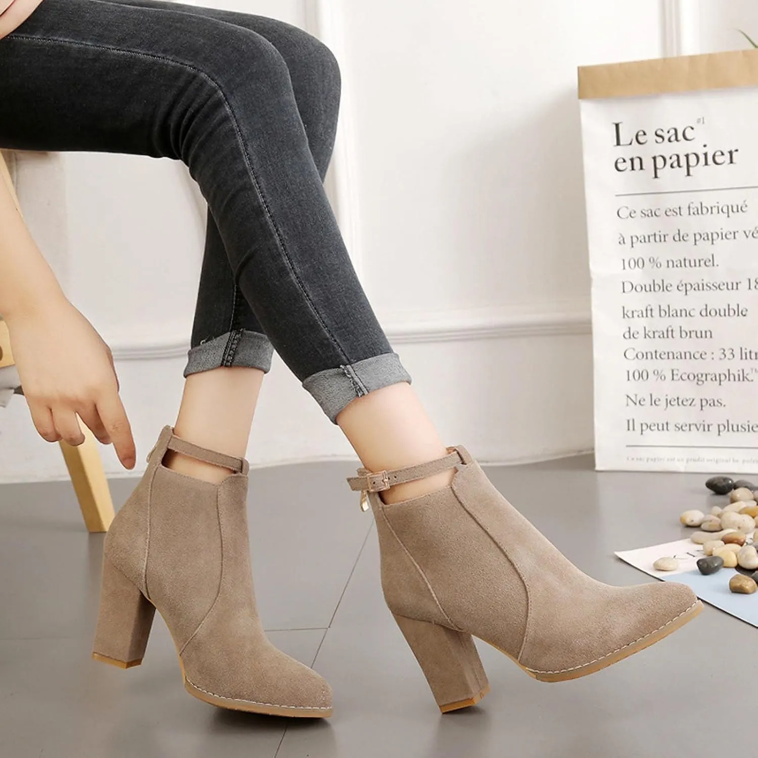 Womens High Heel Buckle Ankle Booties Slip On Pointed Toe Chunky Stacked Heel Short Boots Comfort Back Zipper Boot