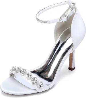 Women's Ivory Bridal Sandals Peep Toe Stiletto Heel Pumps Crystal Satin Ankle Strap Evening Party Prom Wedding Dress Shoes
