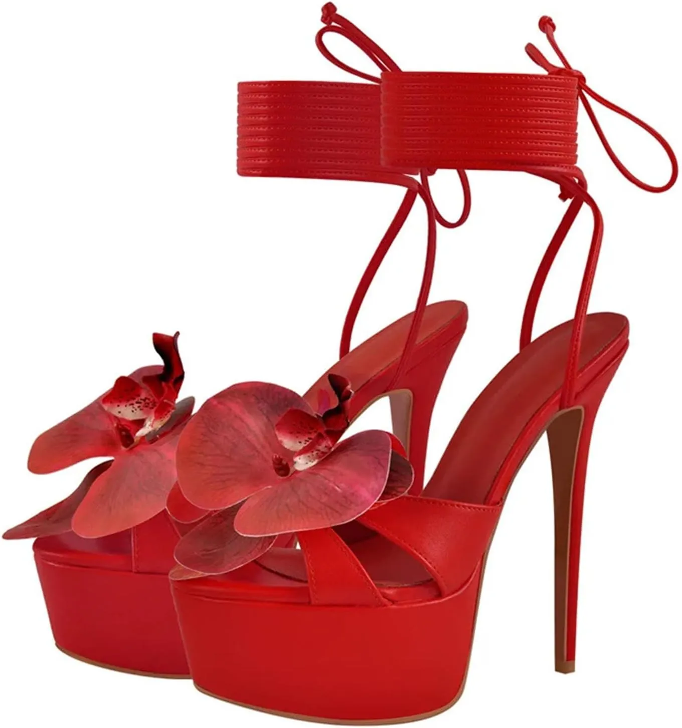 Women's Lace-Up Floral Stilettos - Pink Chunky Open Toe