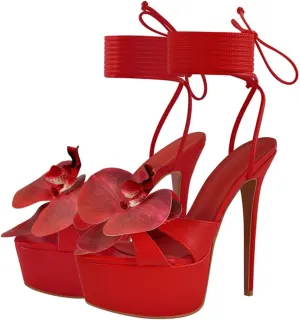 Women's Lace-Up Floral Stilettos - Pink Chunky Open Toe