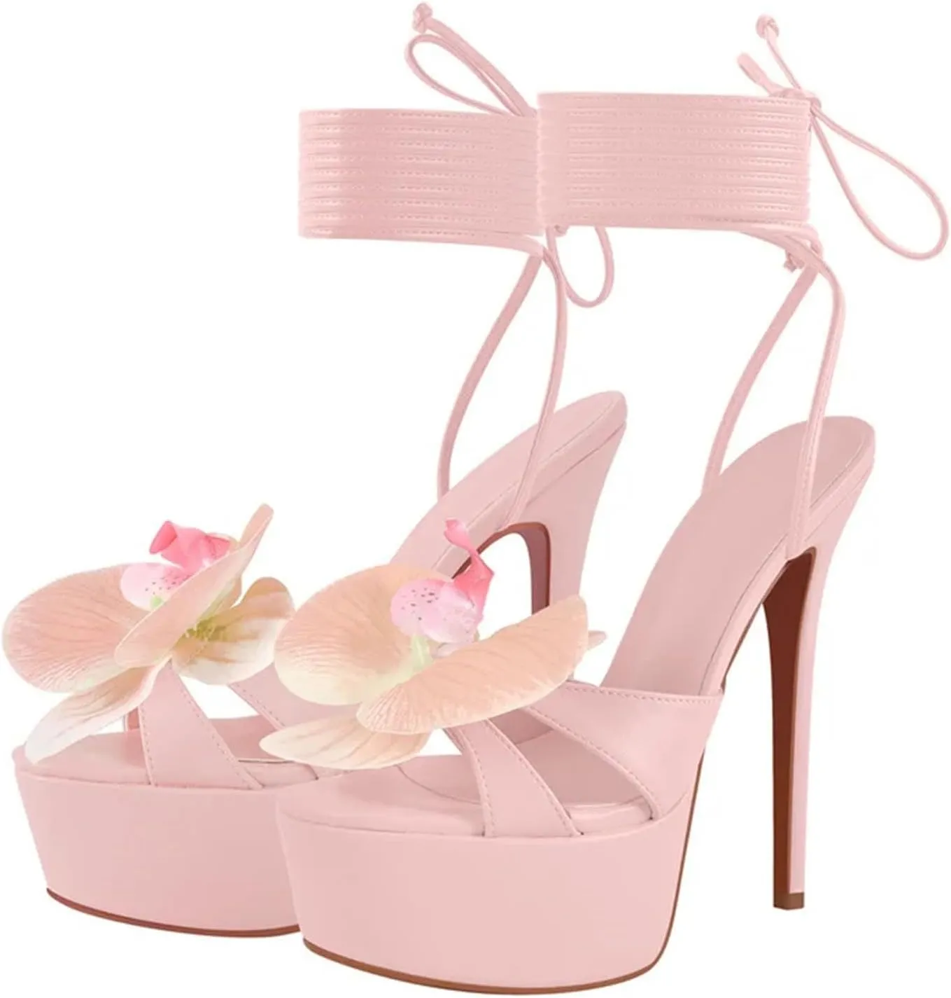 Women's Lace-Up Floral Stilettos - Pink Chunky Open Toe