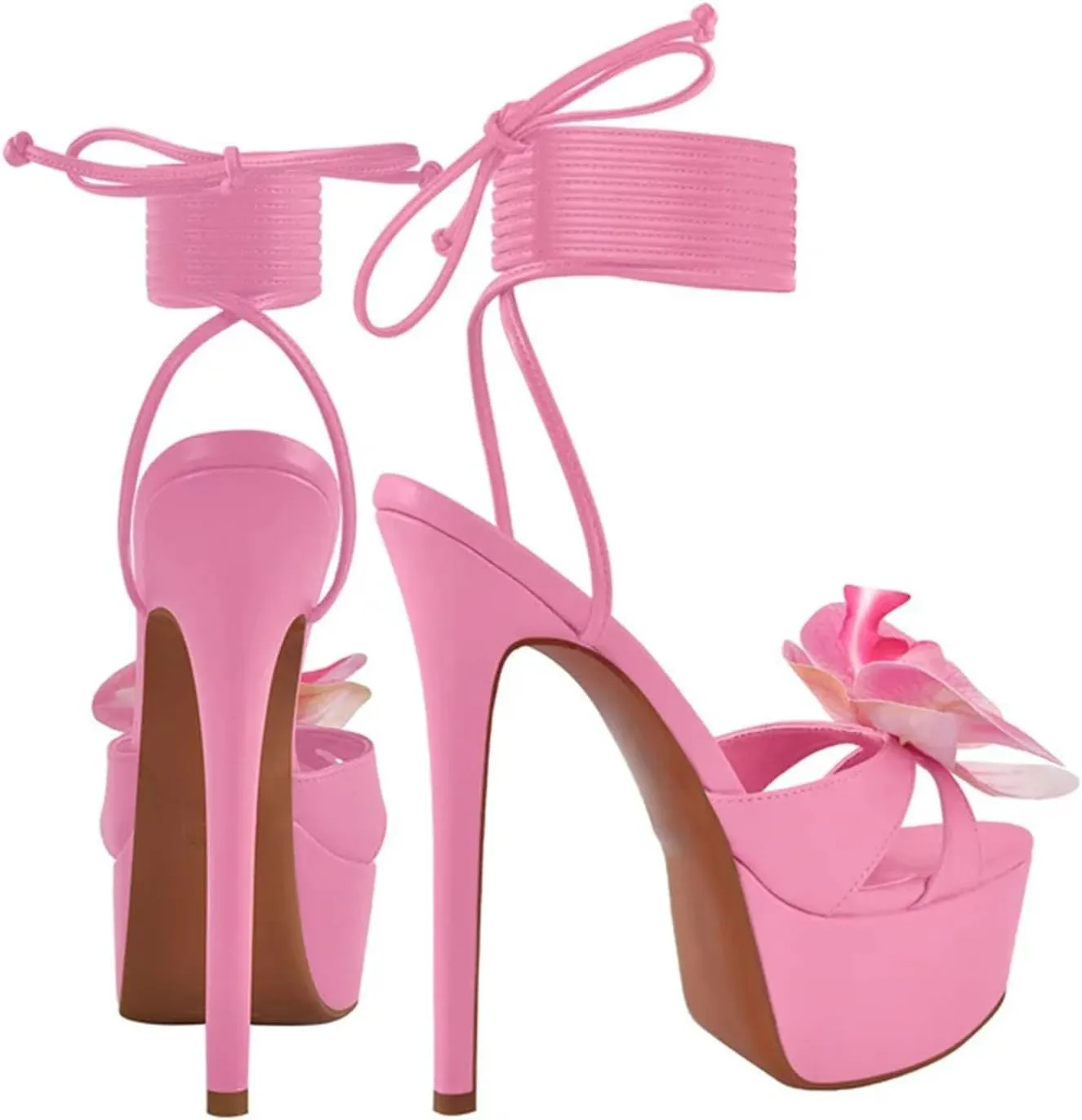 Women's Lace-Up Floral Stilettos - Pink Chunky Open Toe