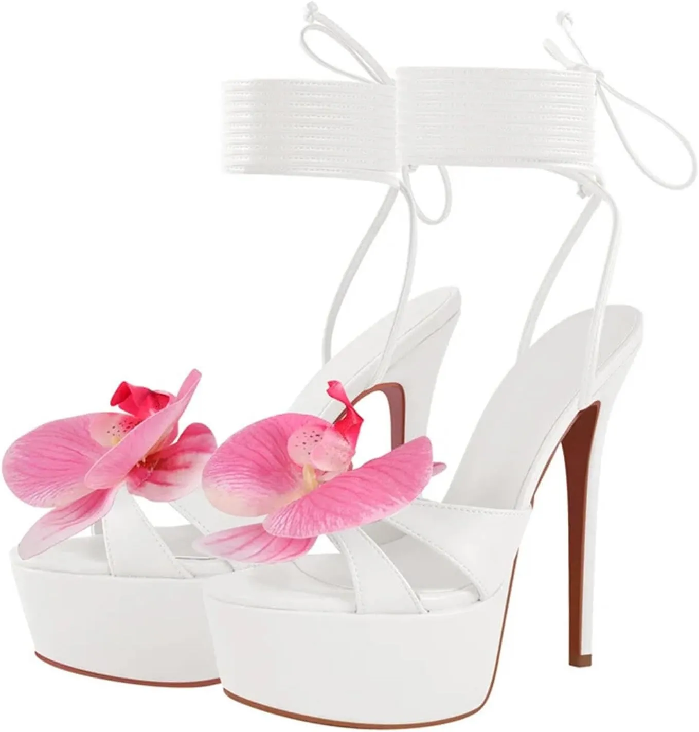 Women's Lace-Up Floral Stilettos - Pink Chunky Open Toe