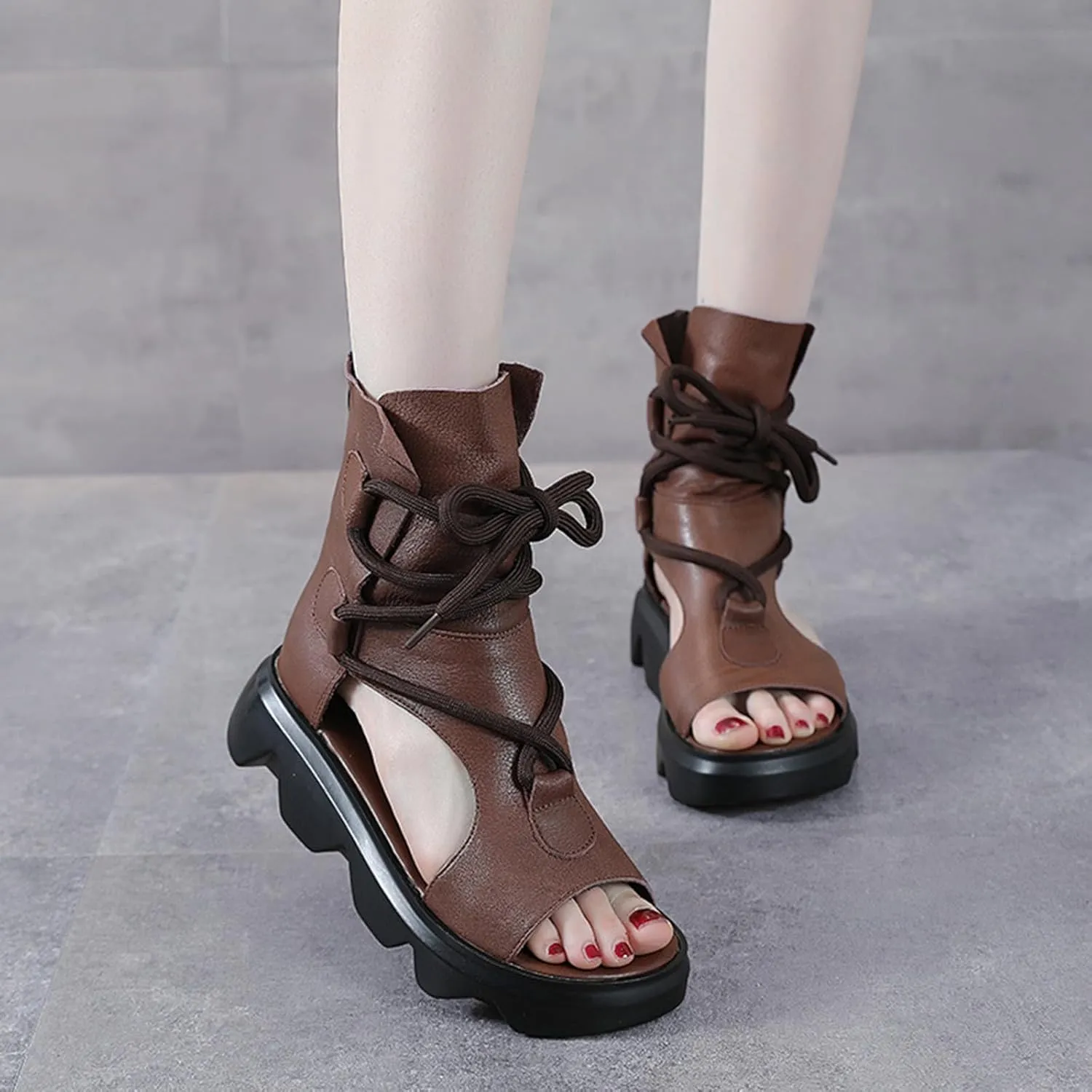 Women's Leather High Top Platform Sandals Vintage Casual Open Toe Lace Up Back Zipper Chunky Wedge Booties Comfortable Soft Sole Roman Sandals