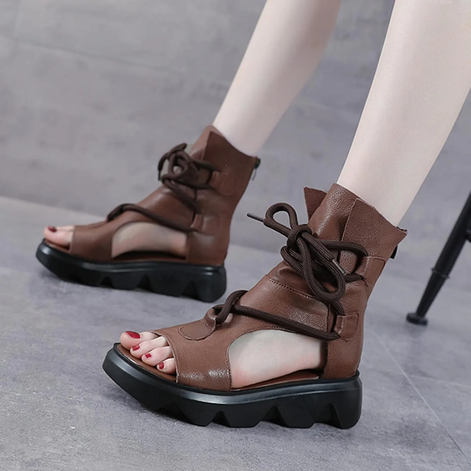 Women's Leather High Top Platform Sandals Vintage Casual Open Toe Lace Up Back Zipper Chunky Wedge Booties Comfortable Soft Sole Roman Sandals