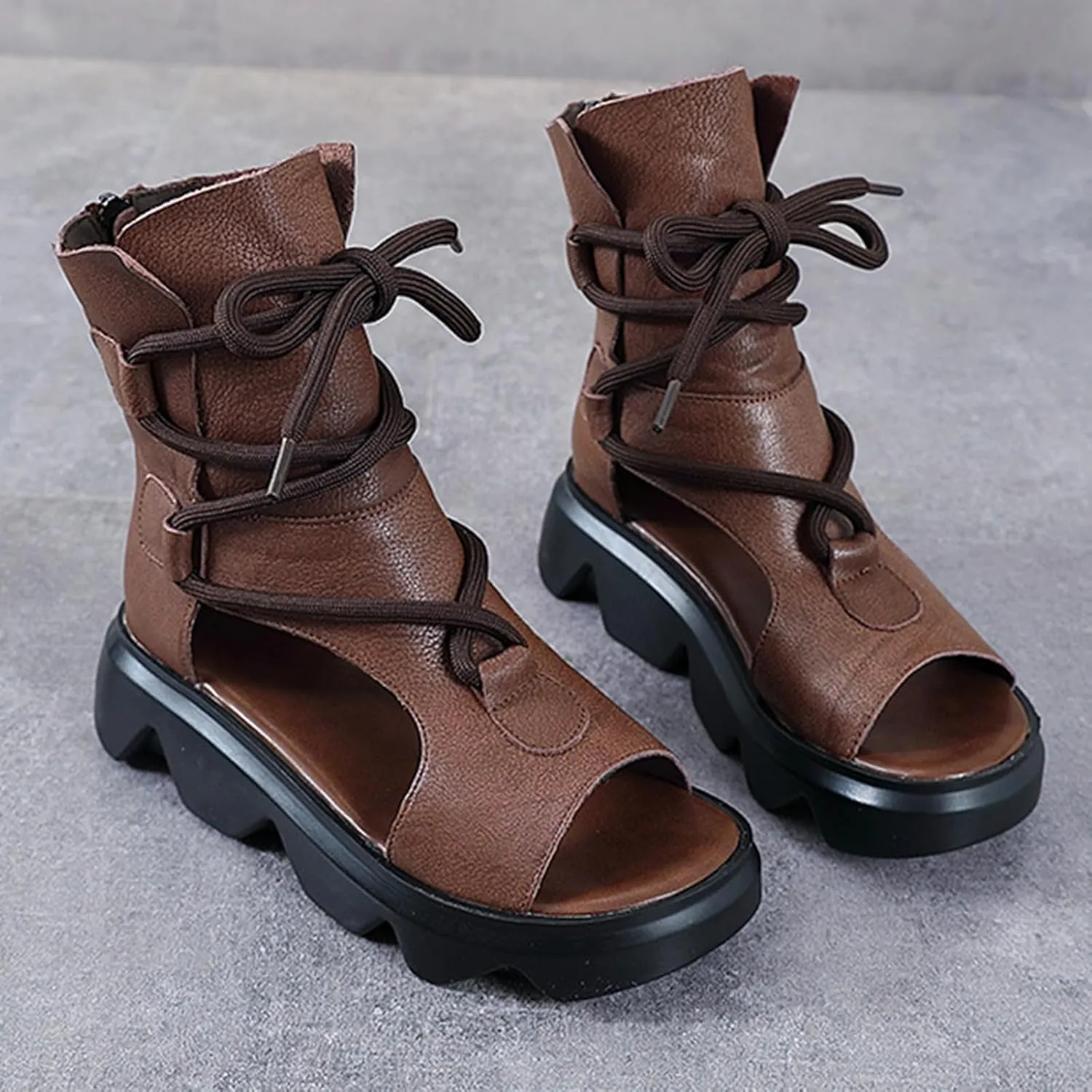 Women's Leather High Top Platform Sandals Vintage Casual Open Toe Lace Up Back Zipper Chunky Wedge Booties Comfortable Soft Sole Roman Sandals